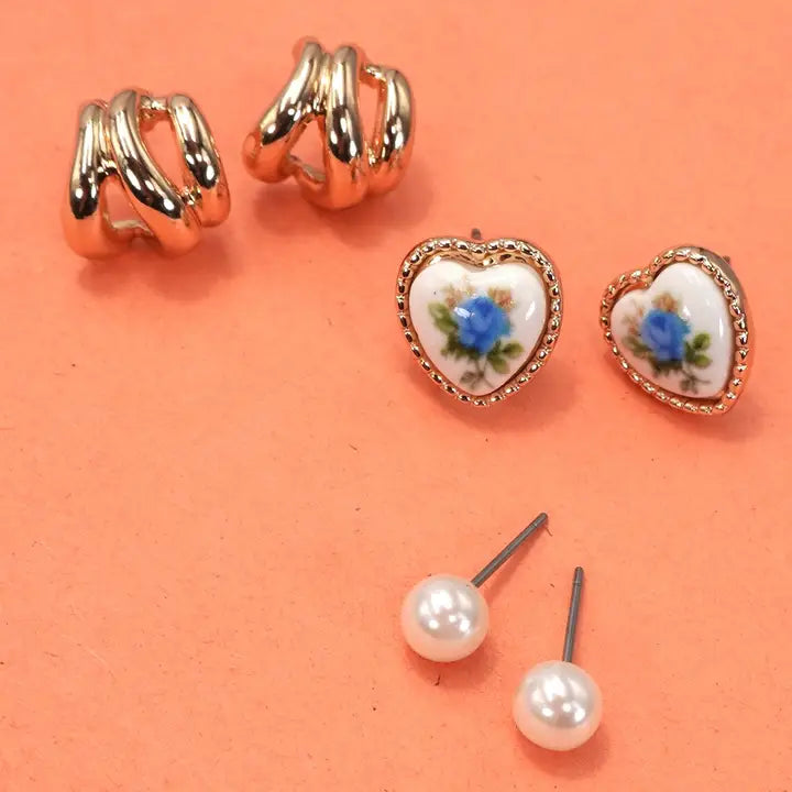 Heart Floral Porcelain Stud Hoop Trio Earrings