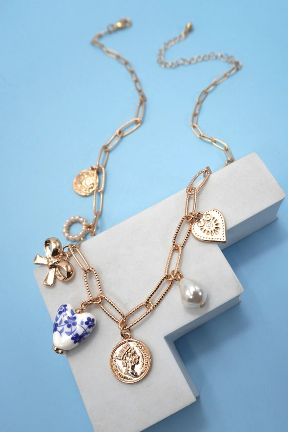 Porcelain Bow Heart Charm Link Necklace