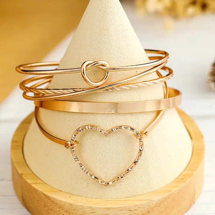 Heart Knot Open Cuff Bracelet Set
