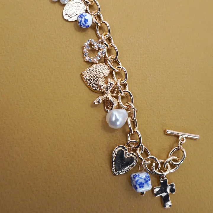 Porcelain Heart Bow Pearl Charm Bracelet