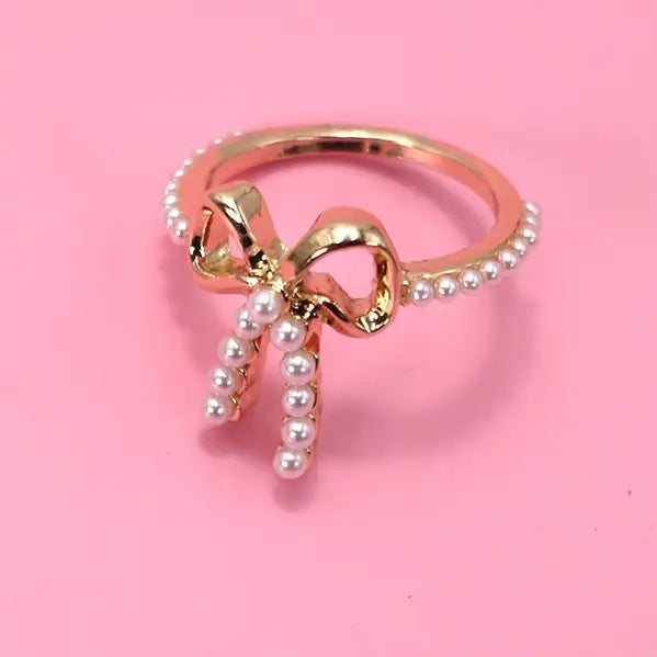 Gold Pearl Bow Ribbon Ring