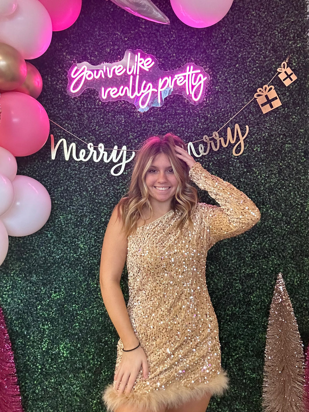 FEATHERED OPULENCE SEQUIN DRESS
