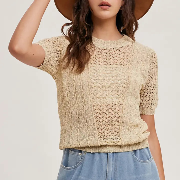 Open Knit Crew Neck  Top