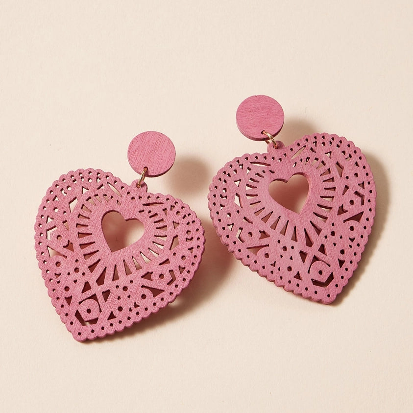Heart-Shaped Wooden Earrings